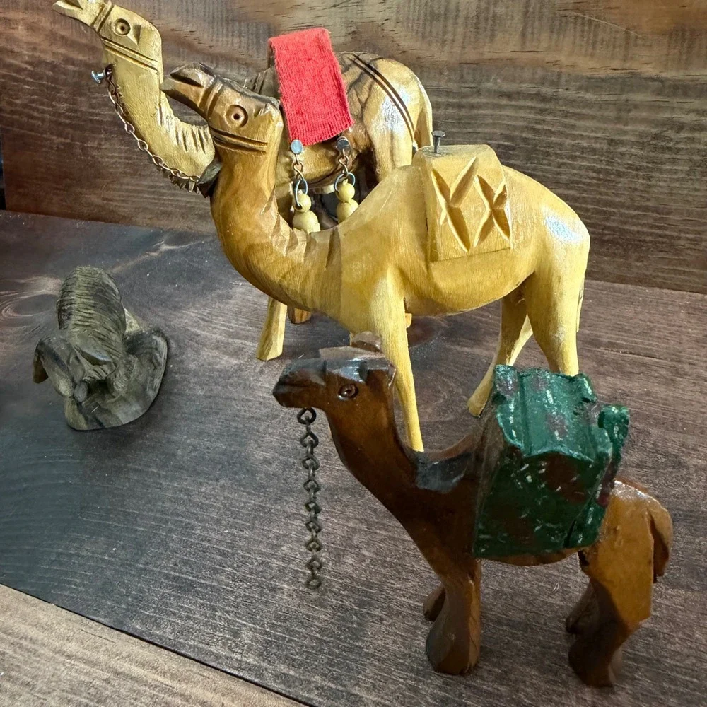 Vintage Hand Carved Olive Wood Nativity Animal Figurines Set of 5 Camels Donkey